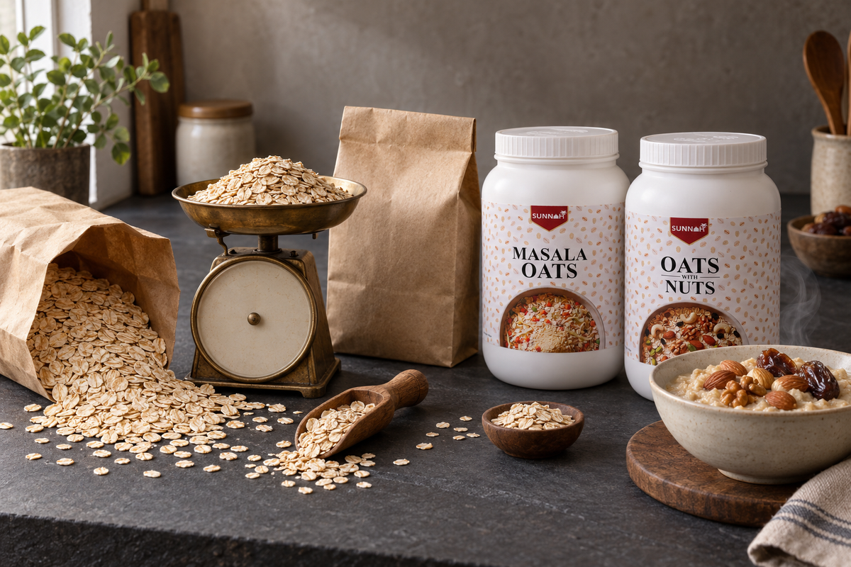 Loose oats, a kitchen scale and two Sunnah Grains oats jars side by side, comparing oats prices in Pakistan