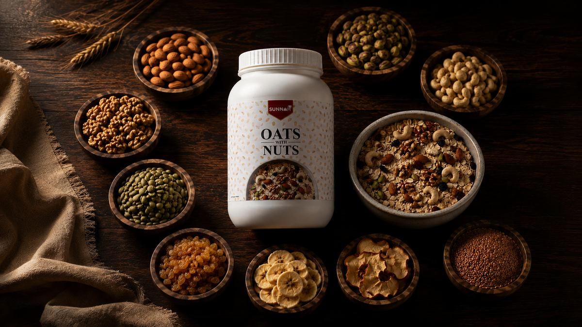 Oats with Nuts benefits — Sunnah Grains jar and bowl surrounded by ingredients: almonds, pistachios, cashews, walnuts, pumpkin seeds, raisins and dates powder