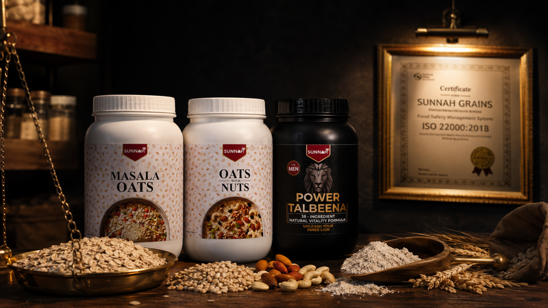 Sunnah Grains Masala Oats, Oats with Nuts and talbeena jars on a workbench with imported rolled oats, barley and nuts, in front of the brand's gold-framed food safety certificate in its certified facility