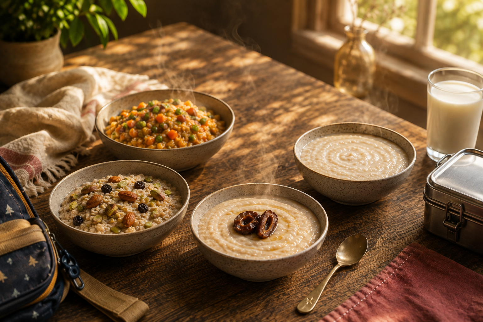 Four nashta bowls on a sunlit wooden table — masala oats, oats with nuts and two talbeena bowls — with a glass of milk, a lunchbox and a school bag