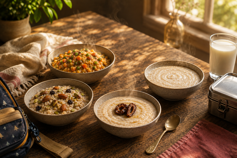 Four nashta bowls on a sunlit wooden table — masala oats, oats with nuts and two talbeena bowls — with a glass of milk, a lunchbox and a school bag