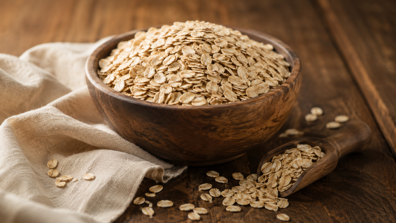 Oats in Urdu — جئی (jai): whole rolled oats in a wooden bowl on a rustic table
