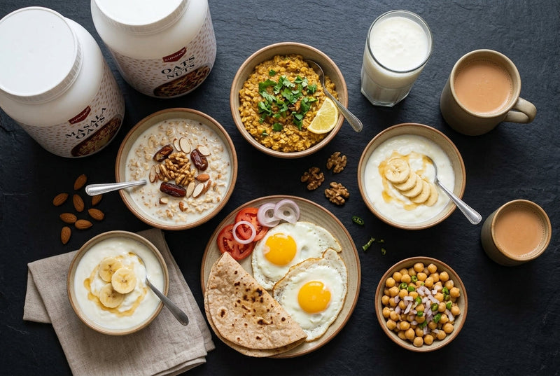 Pakistani healthy breakfast spread on slate: fried eggs with atta roti, boiled chana, dahi with banana, a bowl of masala oats, a bowl of oats with nuts and dates, lassi and chai, beside the Sunnah Grains Masala Oats and Oats with Nuts jars