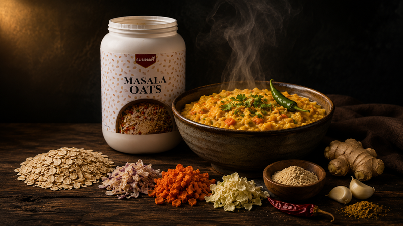 Steaming bowl of Sunnah Grains masala oats beside its jar, with the raw ingredients laid out — rolled oats, dried onion, carrot and cabbage, chicken powder, ginger, garlic and spices