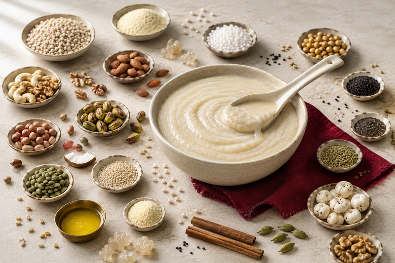 Bowl of unsweetened sugar free talbeena surrounded by small dishes of its ingredients — barley, almonds, cashews, walnuts, pistachios, seeds, makhana, ghee and spices