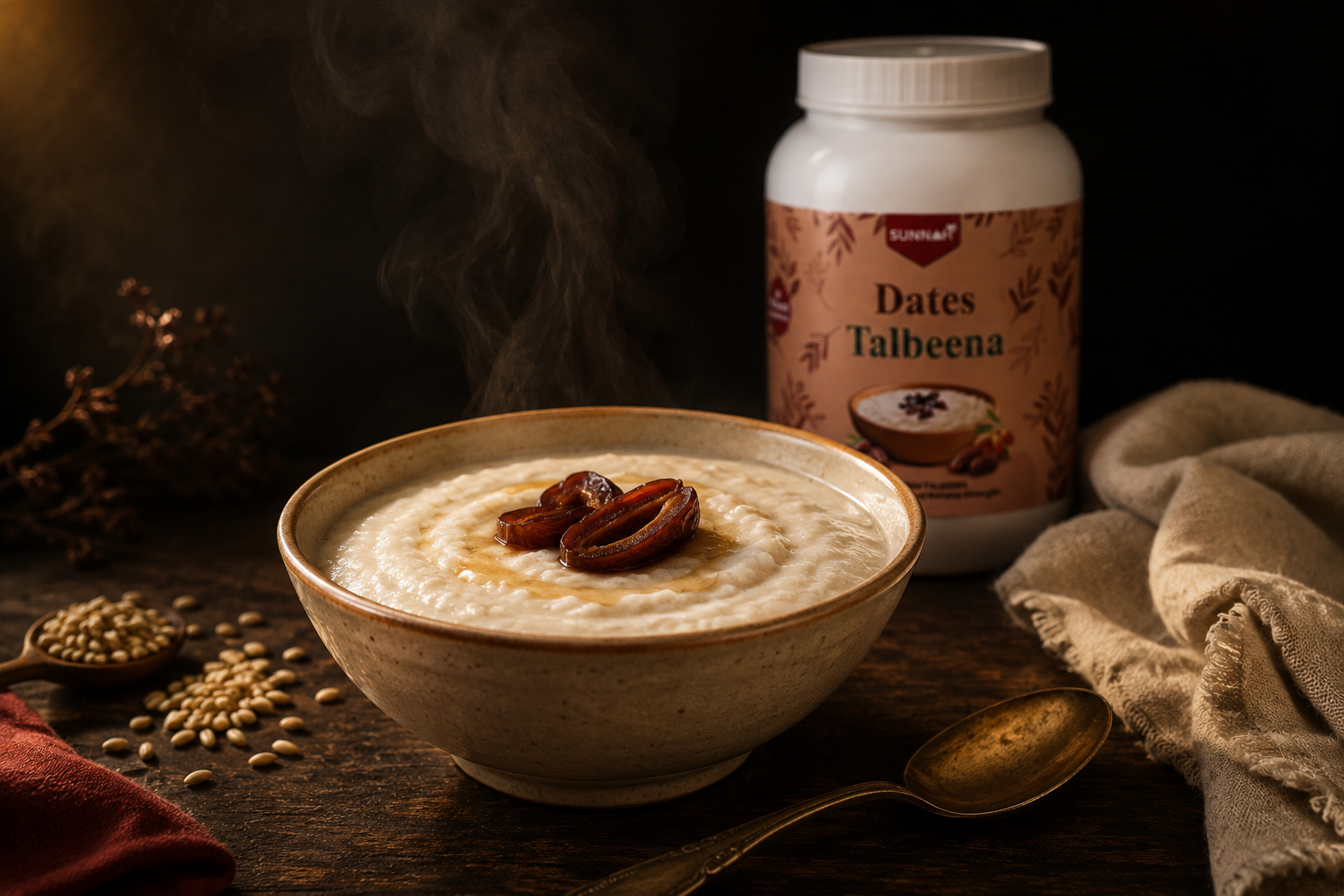 Steaming bowl of creamy barley talbeena topped with dates, beside a Sunnah Grains Dates Talbeena jar and scattered barley grains