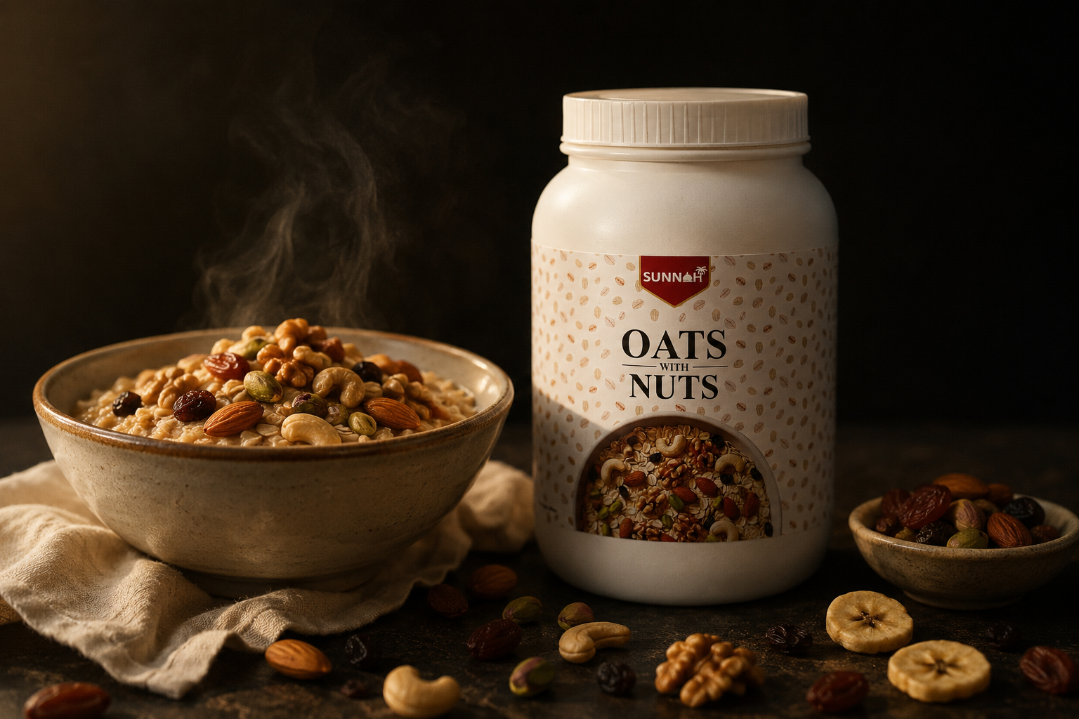 Bowl of oats with nuts topped with almonds, cashews, raisins and pumpkin seeds, beside a Sunnah Grains Oats with Nuts jar and scattered dried fruit