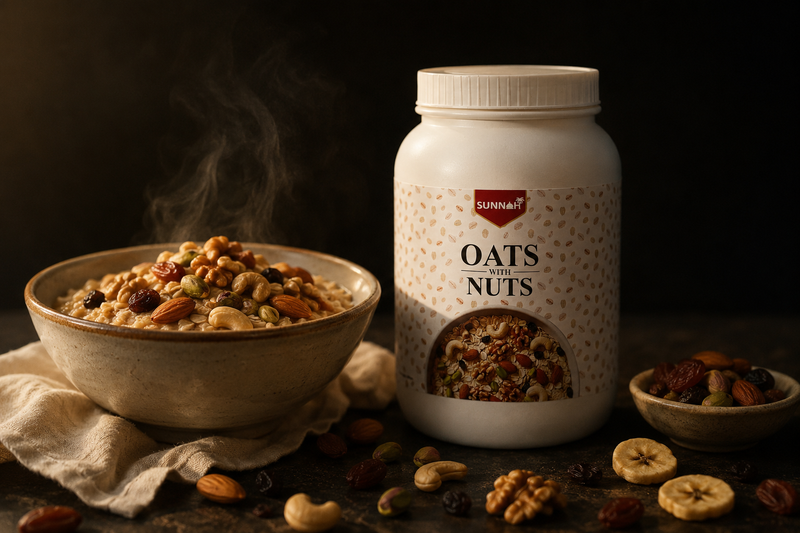 Bowl of oats with nuts topped with almonds, cashews, raisins and pumpkin seeds, beside a Sunnah Grains Oats with Nuts jar and scattered dried fruit