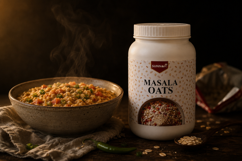 Steaming bowl of masala oats with peas and carrots beside a Sunnah Grains Masala Oats jar, with an instant noodle packet blurred in the background