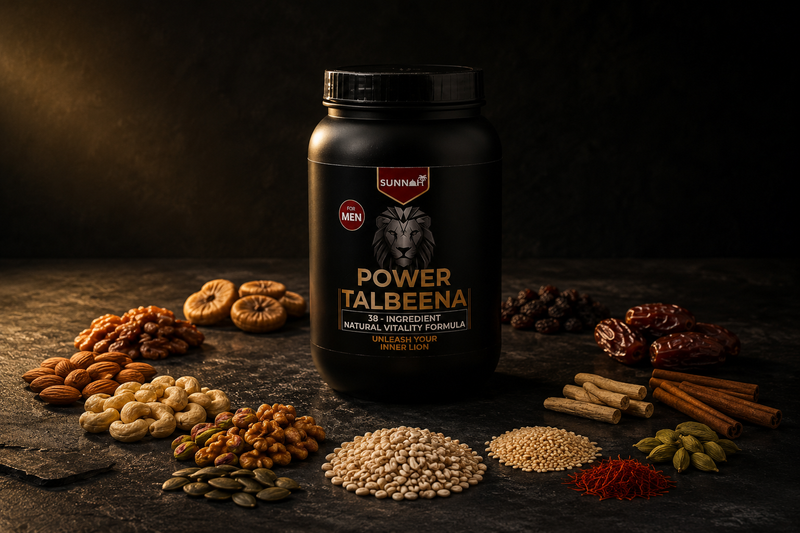 Sunnah Grains Power Talbeena jar surrounded by its ingredients — almonds, cashews, dried figs, dates, pumpkin seeds, barley, sesame, cinnamon, cardamom and saffron