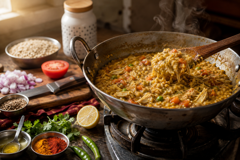 Chicken masala oats cooking in a karahi on the stove, with rolled oats, tomato, onion, coriander, lemon, green chillies and spices laid out beside it