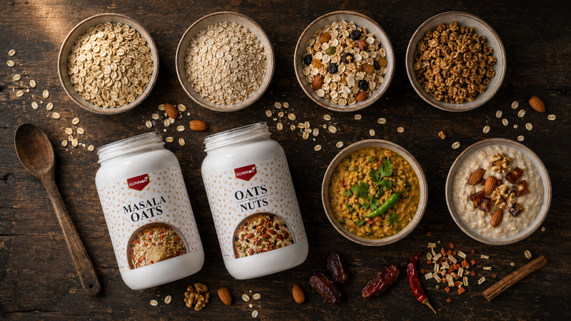 Overhead comparison of oats in Pakistan — rolled oats, instant oats, muesli and granola beside Sunnah Grains Masala Oats and Oats with Nuts jars