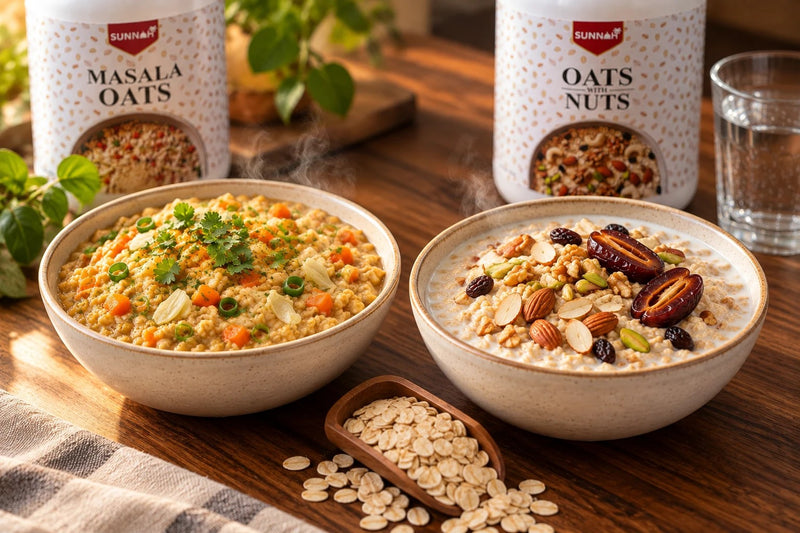 A bowl of savoury masala oats and a bowl of sweet oats with nuts and dates, with dry rolled oats between them and Sunnah Grains Masala Oats and Oats with Nuts jars
