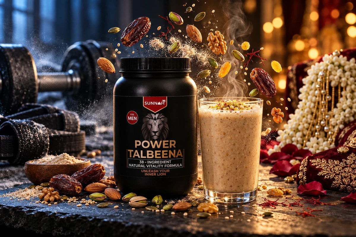 Black Sunnah Grains Power Talbeena jar and a glass of creamy Power Talbeena with almonds, pistachios, walnuts, seeds, dates and saffron in mid-air, between a gym dumbbell and a groom's jasmine sehra