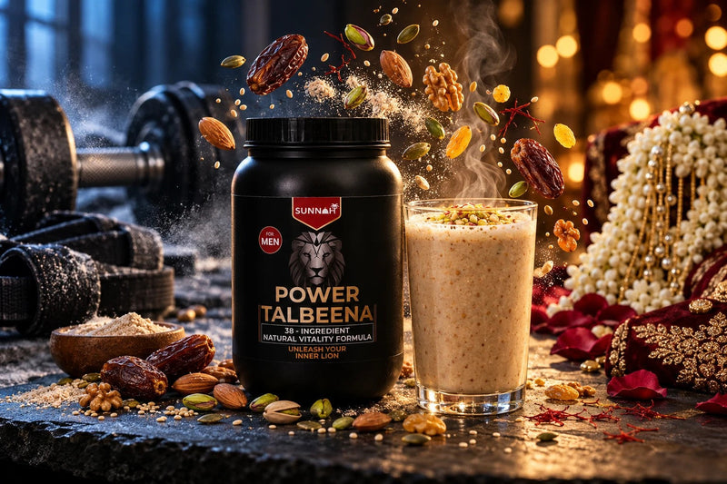 Black Sunnah Grains Power Talbeena jar and a glass of creamy Power Talbeena with almonds, pistachios, walnuts, seeds, dates and saffron in mid-air, between a gym dumbbell and a groom's jasmine sehra