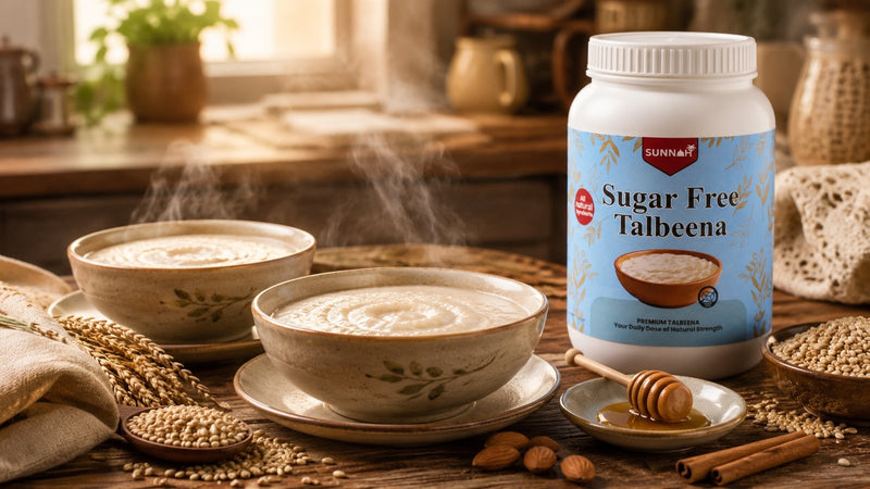 Sunnah Grains Sugar Free Talbeena jar beside two steaming bowls of no-added-sugar barley talbeena porridge with an untouched honey dipper — sweetness as a choice for elders and sugar-aware homes