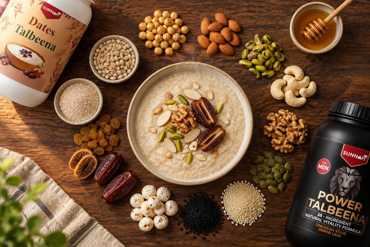 A bowl of creamy talbeena surrounded by its ingredients: barley, chickpeas, almonds, pistachios, cashews, walnuts, seeds, kalonji, makhana, dates, figs, raisins, ispaghol and honey, with Sunnah Grains Dates and Power Talbeena jars