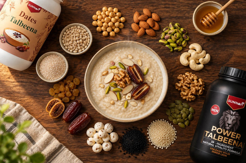 A bowl of creamy talbeena surrounded by its ingredients: barley, chickpeas, almonds, pistachios, cashews, walnuts, seeds, kalonji, makhana, dates, figs, raisins, ispaghol and honey, with Sunnah Grains Dates and Power Talbeena jars