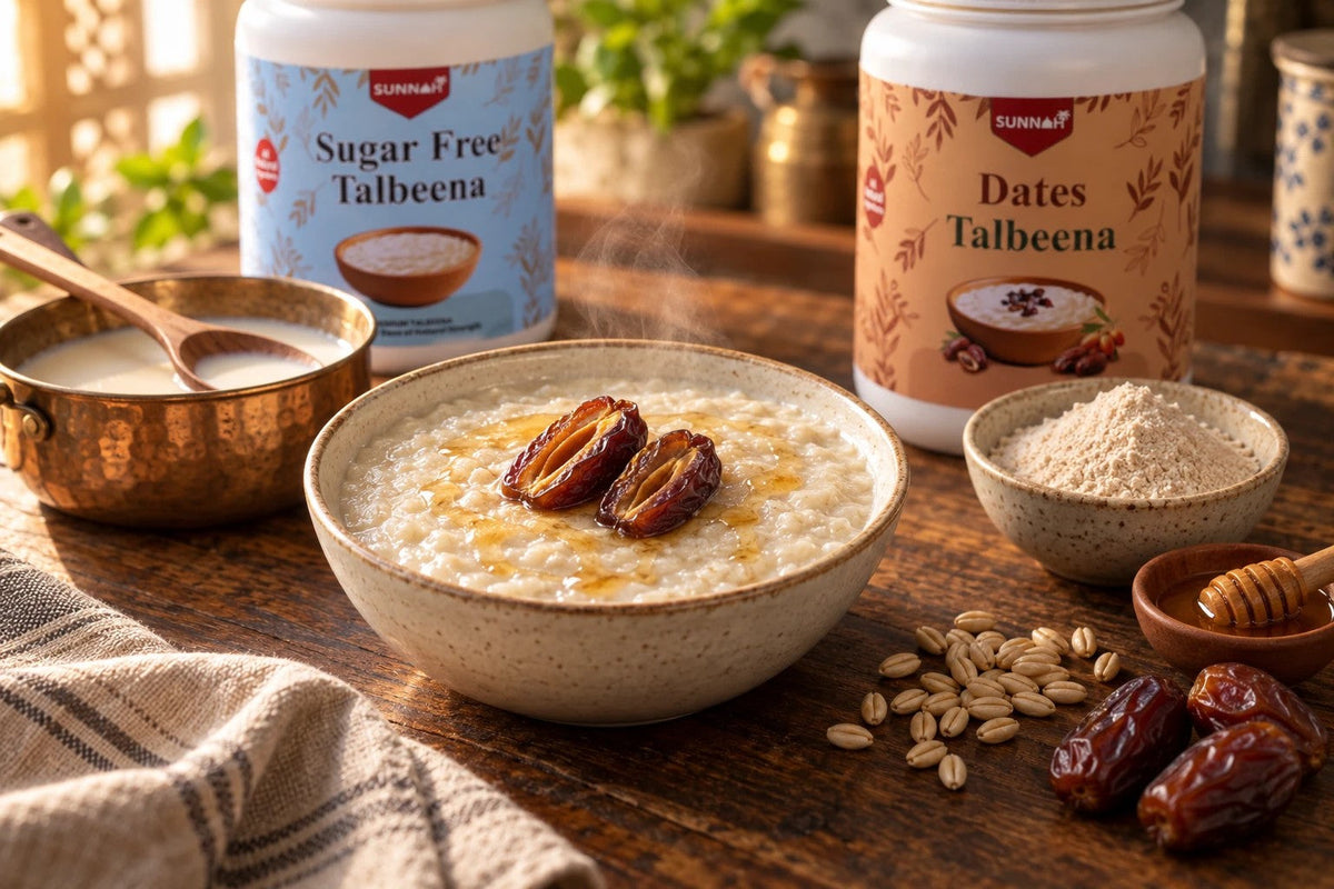 A warm bowl of creamy talbina topped with dates and honey, beside barley flour, whole barley grains and a pan of milk, with Sunnah Grains Dates and Sugar Free Talbeena jars
